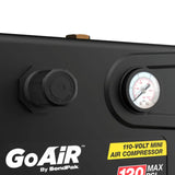 GoAir Mini Air Compressor / 110 Volt / 120 Max PSI BendPak. zoomed in image of the small air compressor showing "110-Volt mini air compressor with max 120 PSI"