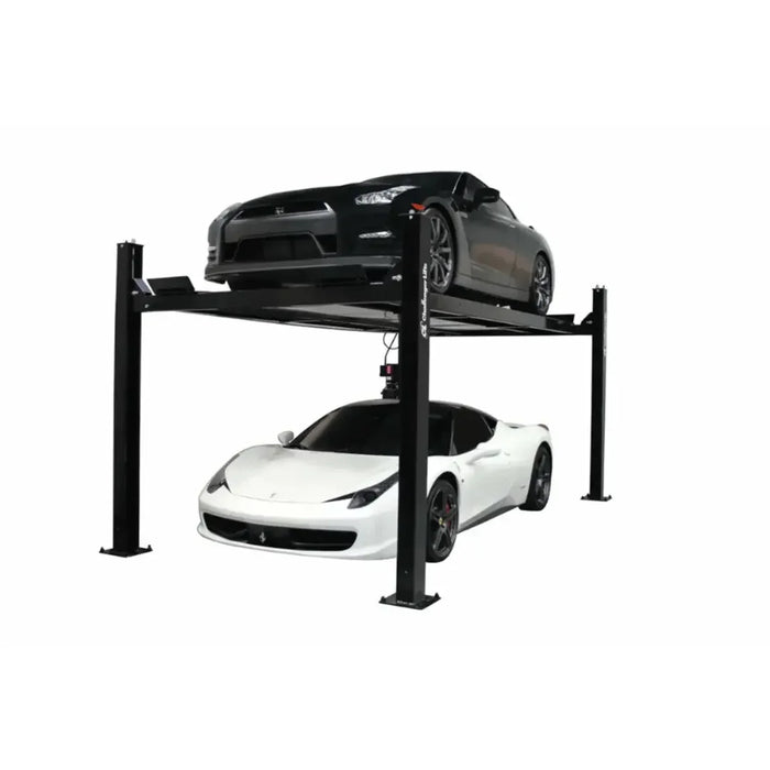 Challenger Lifts CL4P9W 9000 lbs 4 Post Home Storage Lift shown on a halo white background with 2 sports cars loaded into the highest and lowest positions.
