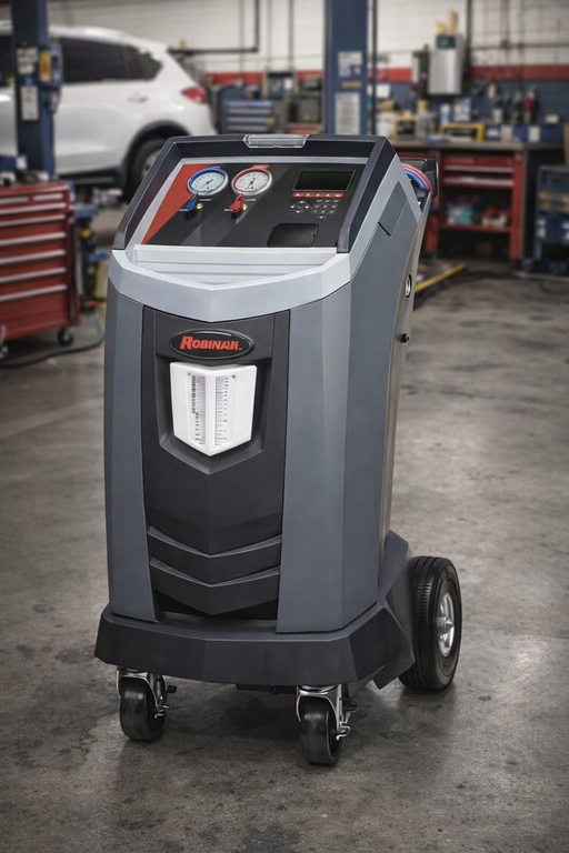 Robinair 34288NI R-134a Refrigerant Recovery Recycling and Recharge Machine shown in a mechanics garage