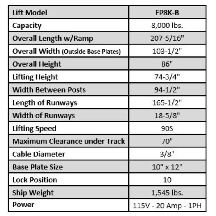 Valor VP8K-B 8,000 lb (No Accessories) Storage Lift specification sheet - Mechanic Super Store