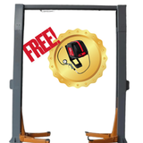 Triumph NTO-15 15,000 lb. 2 Post Lift offer with free wall-mounted air compressor with order on a white background.