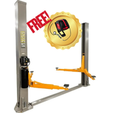 Triumph 2 post car lift for garage with free wall mounted air compressor option.