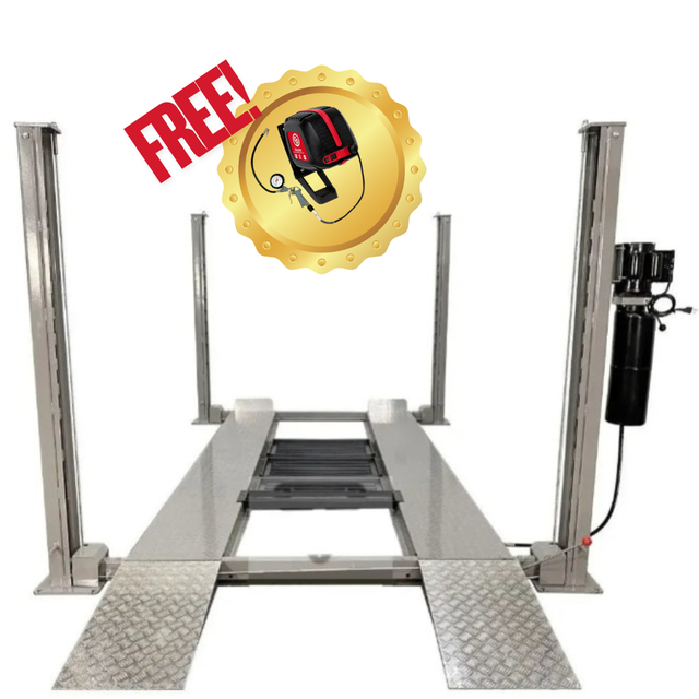 Triumph 4 post car lift for garage for sale featuring a FREE wall mounted retracting air compressor.