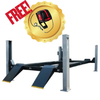 4 post Car lift with a free tool offer on a white background front and side view