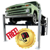 triumph 4 post parking lift with an offer of a free wall-mount air compressor  and a green truck lifted to the mid-height level of the car lift