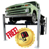 triumph 4 post parking lift with an offer of a free wall-mount air compressor  and a green truck lifted to the mid-height level of the car lift