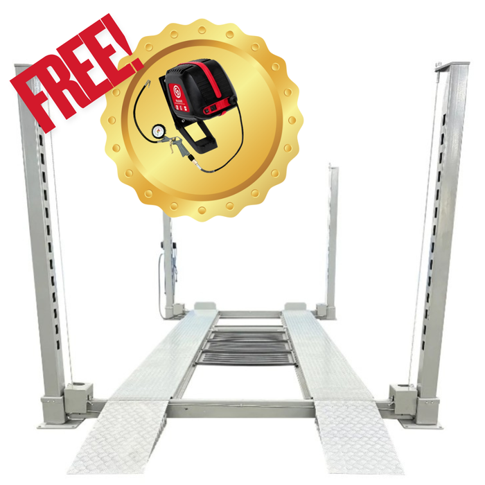 triumph brand 4 post vehicle lift with a free wall-mount retractable air compressor offer on a white background