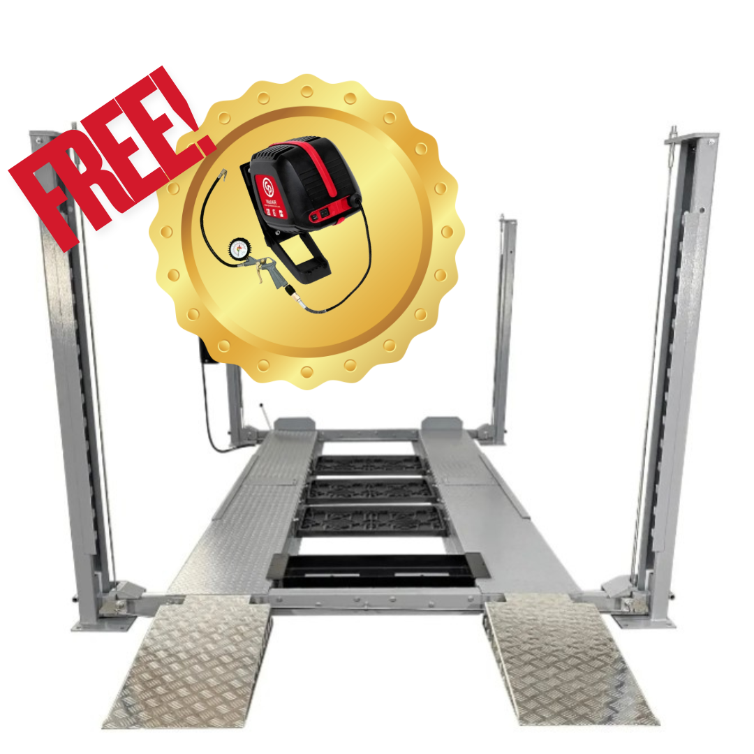 nss-8 triumph 4 post car lift with a free wall-mounted air compressor offer.