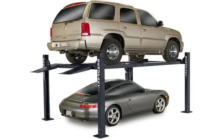 BendPak HD-7W 7,000 lb. 4 Post Lift with an SUV lifted on top and sports car underneath on a white background - Mechanic Super Store