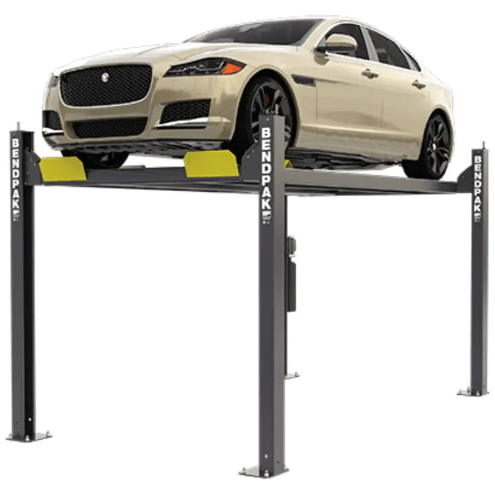 BendPak HD-7W 7,000 lb. 4 Post Lift with a sports car lifted to maximum height- Mechanic Super Store