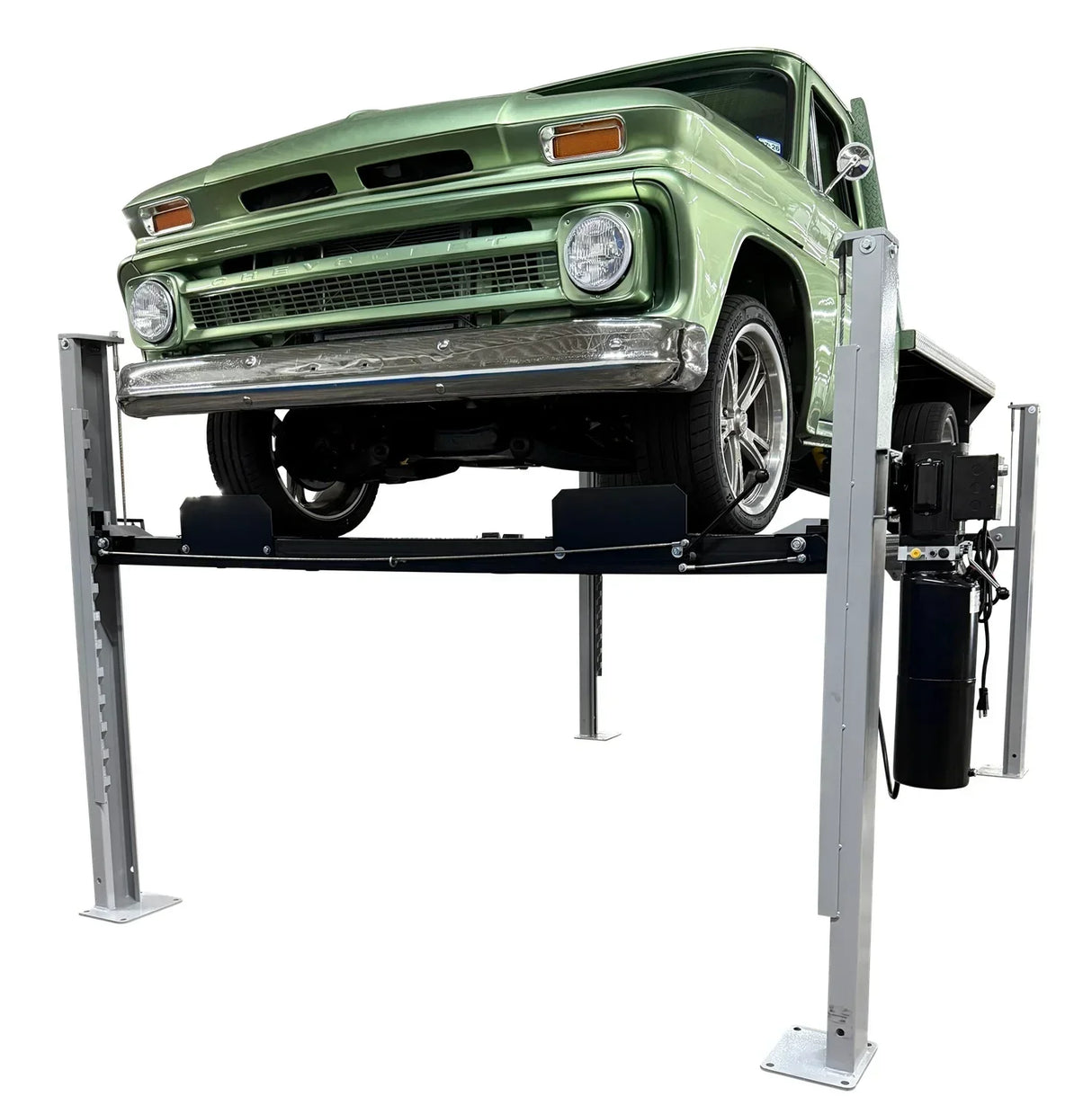 Triumph USA8000XLT 8,000 lb Service & Storage 4 Post Car Lift with a green truck lifted to maximum height - Mechanic Super Store car lift