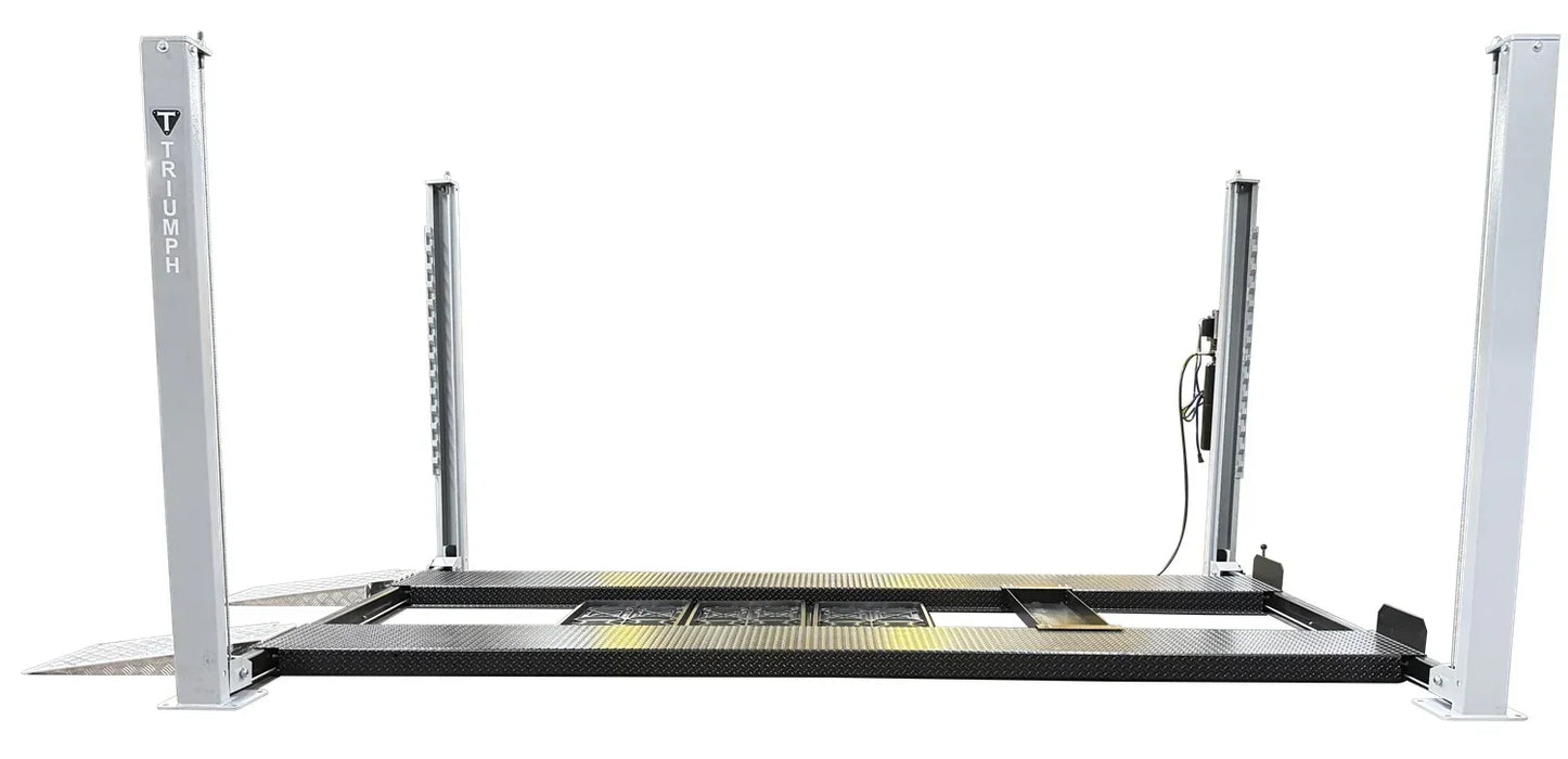 Side view of the Triumph USA8000XLT 8,000 lb Service & Storage 4 Post Car Lift in the lower position with ramps extended - Mechanic Super Store