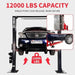 Katool KT-AM120SD 12,000lbs 2 Post vehicle Lift showing 12000lb lifting capacity and close-up of support arms.