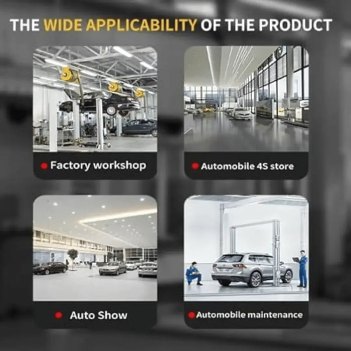 Images showing 2 post lift in factory workshop, automobile 45 store, auto shows and use in vehicle maintenance in a high end mechanic shop.