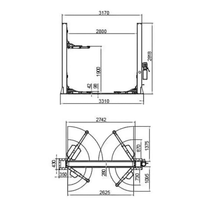 Katool KT-H120D 12,000 lbs 2 Post Lift Single Lock Release Vehicle Lift diagram showing dimensions from the front and top by mechanic superstore.