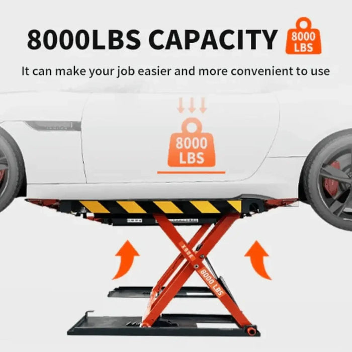 Katool X90E 8000 lbs Mid Rise Electric Scissor Lift flier showcasing the 8000lb lifting capacity- Mechanic Super Store