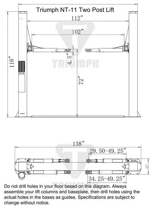 Triumph NT-11 11,000 lb. 2 Post Lift - Mechanic Super Store