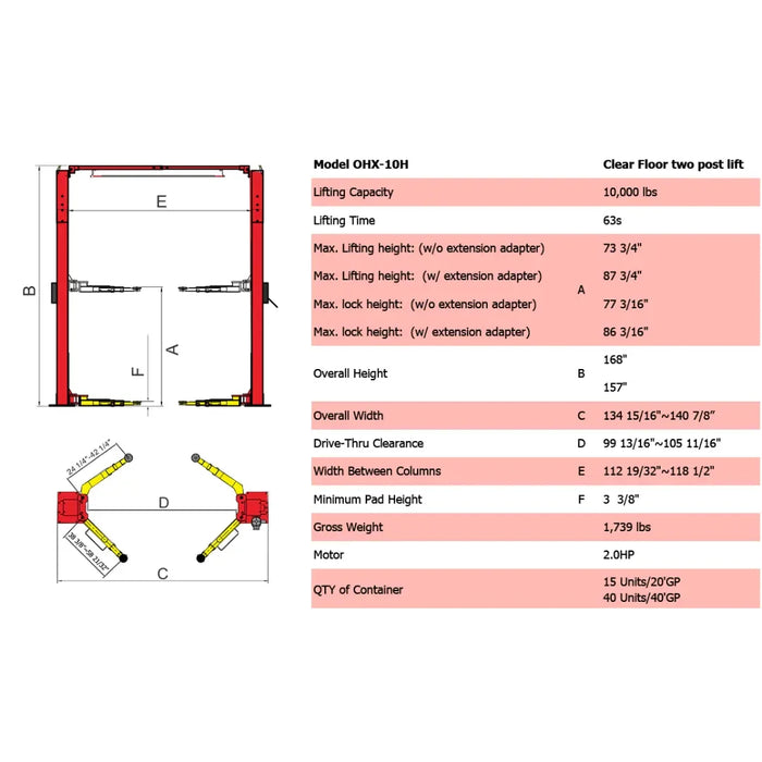 Amgo OHX-10H 10,000 lb 2 Post Lift spocification sheet.