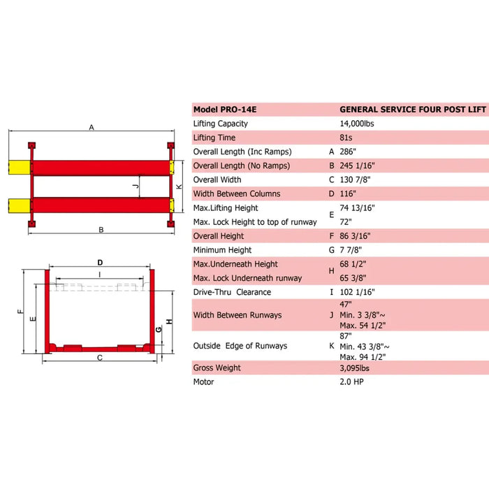 Amgo PRO-14E 14,000 lb 4 Post Lift specification sheet- Mechanic Super Store