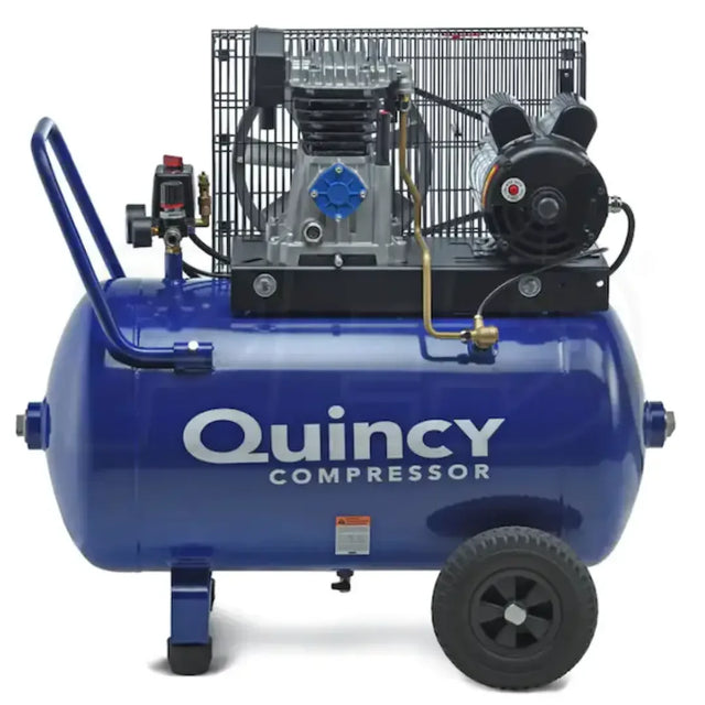 Blue Quincy air compressor with large tank, twin wheel base, and industrial motor