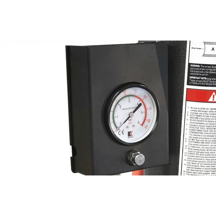 Up close image of the pressure meter of the Ranger R980XR Swing Arm / 30" Capacity Tire Changer - Mechanic Super Store