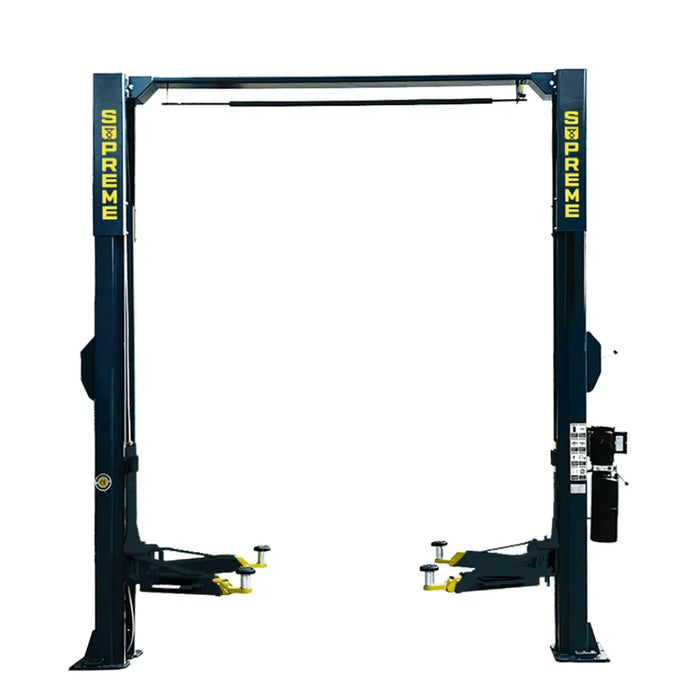 Supreme SP-10CFX 10,000 lb Clear Floor 2 Post Car Lift front view with supreme logo- Mechanic Super Store