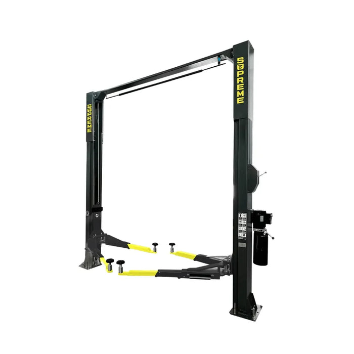 View of the Supreme SP-10CFX 10,000 lb Clear Floor 2 Post Car Lift 3/4 view on a white background.