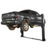 Supreme SP-10FP 10,000 lb Floor Plate 2 Post Car Lift on a white background with black pickup truck lifted to utmost height showing from the rear view