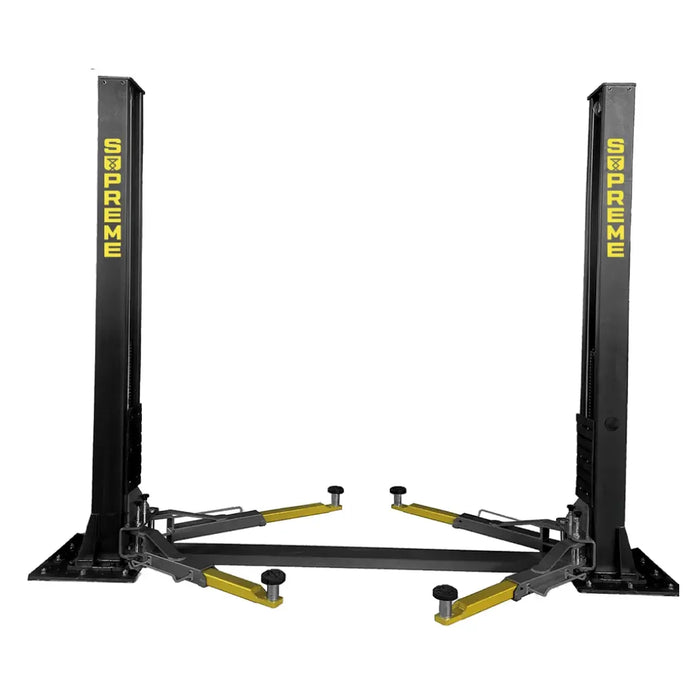 Supreme SP-10FP 10,000 lb Floor Plate 2 Post Car Lift, mechanic superstore's exclusive lift shown on a white background in the lower position showing the supreme ogo.