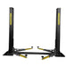 Supreme SP-10FP 10,000 lb Floor Plate 2 Post Car Lift, mechanic superstore's exclusive lift shown on a white background in the lower position showing the supreme ogo.