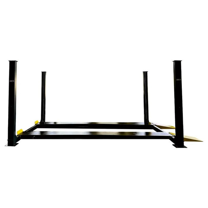 Supreme 11,000 lb, 4 Post Car Lift side view of the black and yellow lift with the yellow ramps extended. - Mechanic Super Store Car lifts