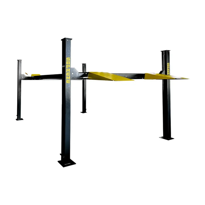 Supreme 11,000 lb, 4 Post Car Lift by Mechanic Super Store shown in maximum height on a white background lifted to maximum height with the ramps extended.