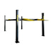 Supreme 11,000 lb, 4 Post Car Lift by Mechanic Super Store shown in maximum height on a white background lifted to maximum height with the ramps extended.