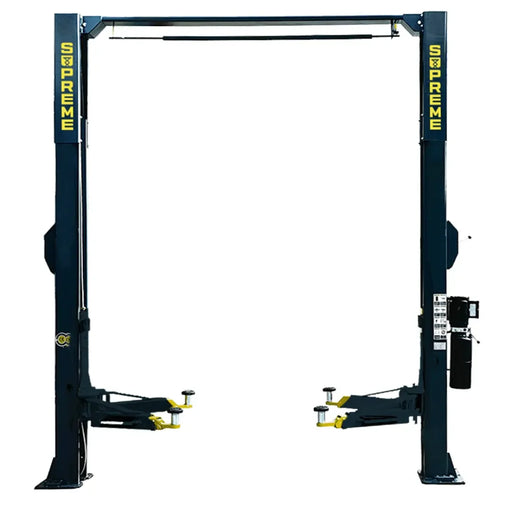 Supreme SP-12CFX 12,000 lb, 2 Post Car Lift shown with support arms on a white background with the supreme car lift logo showing on both posts.