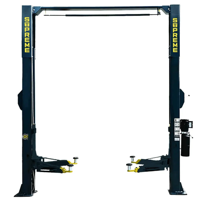 Supreme SP-12CFX 12,000 lb, 2 Post Car Lift shown with support arms on a white background with the supreme car lift logo showing on both posts.