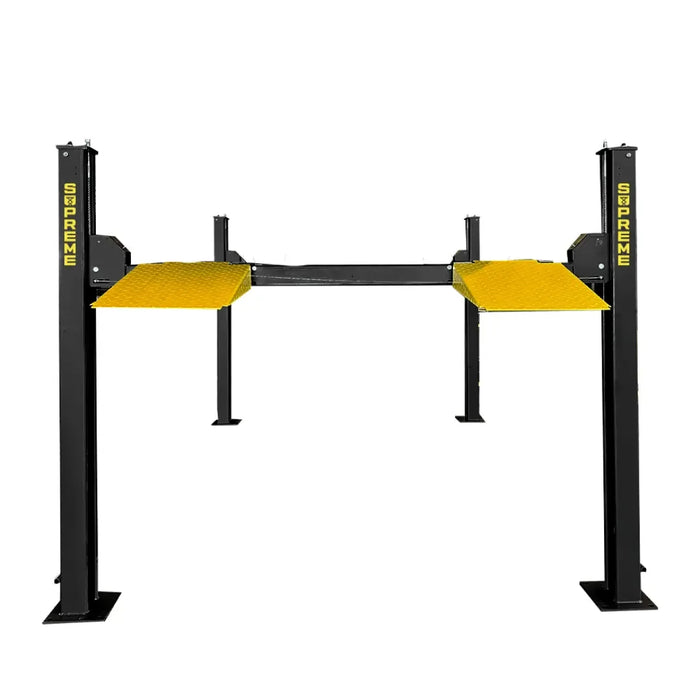 Supreme SP-85P 8,500 lb 4 Post Parking Lift shown from the front angle at full rise on a white halo background.