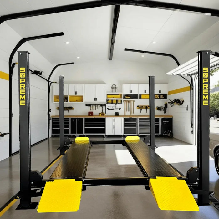 Supreme SP-85P 8,500 lb 4 Post Parking Lift in a branded mechanic garage