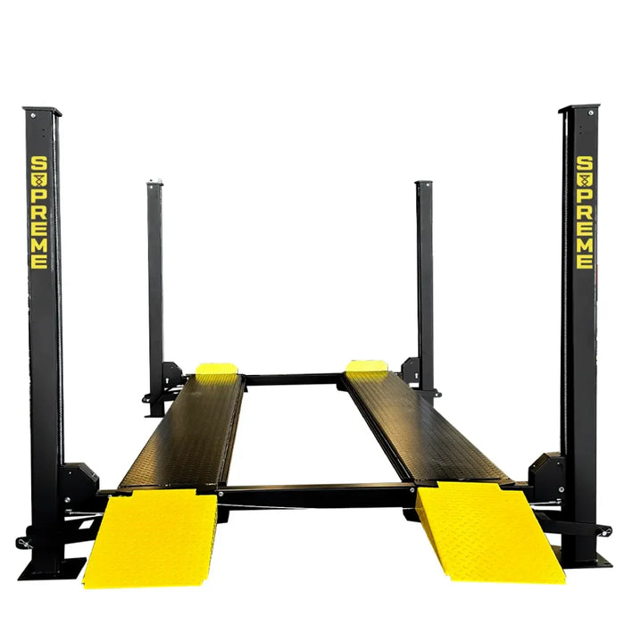 Supreme SP-85P 8,500 lb 4 Post car Lift from the front view showing the logo "supreme" on a halo white background.