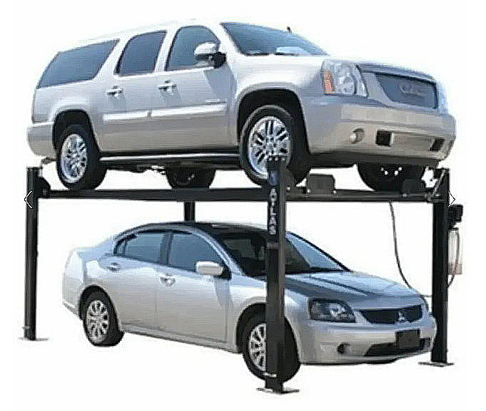 Two cars on an atlas 4 post car lift with a white background