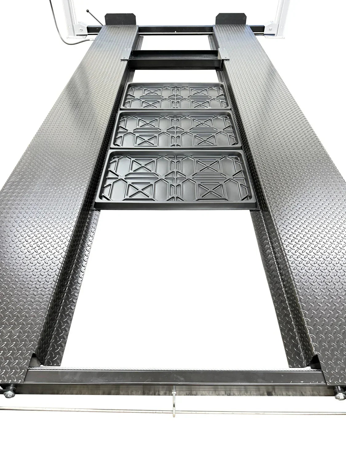 Triumph USA8000XLT 8,000 lb Service & Storage 4 Post Car Lift  to view showing the oil drip tray position- Mechanic Super Store car lift