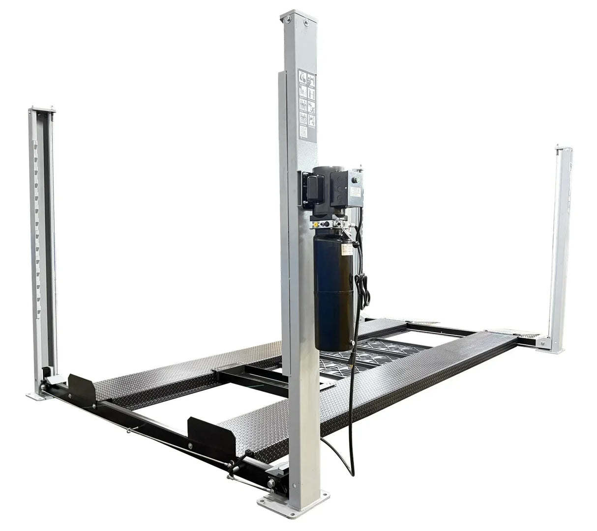 3/4 view showing the motor of the Triumph USA8000XLT 8,000 lb Service & Storage 4 Post Car Lift - Mechanic Super Store car lift 