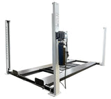 3/4 view showing the motor of the Triumph USA8000XLT 8,000 lb Service & Storage 4 Post Car Lift - Mechanic Super Store car lift 