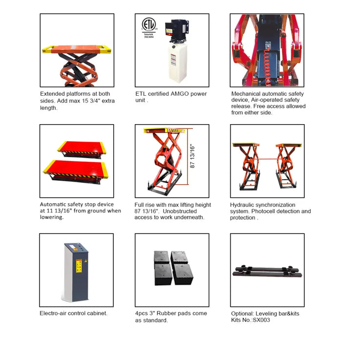 Amgo XL-9F 9,000 lb Flush Mount Scissor lift flier showing lift features