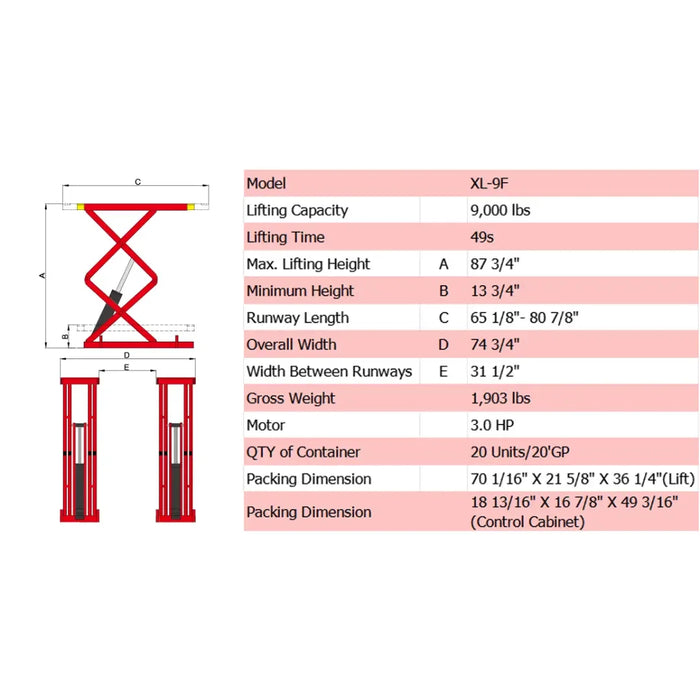 Amgo XL-9F 9,000 lb Flush Mount Scissor Lift specification sheet including packing dimensions