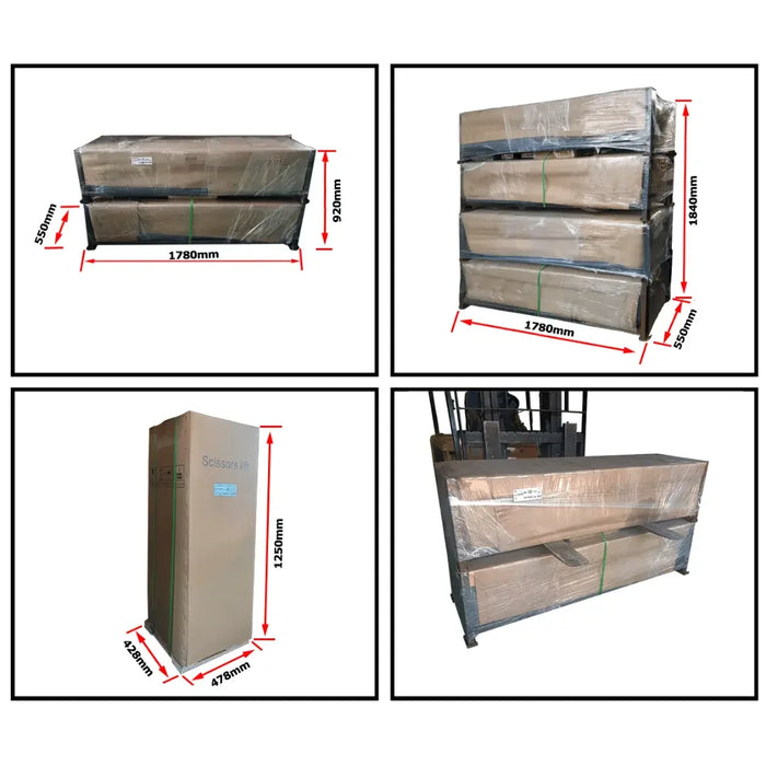 Amgo XL-9F 9,000 lb Flush Mount Scissor Lift show in shipping package and their dimensions