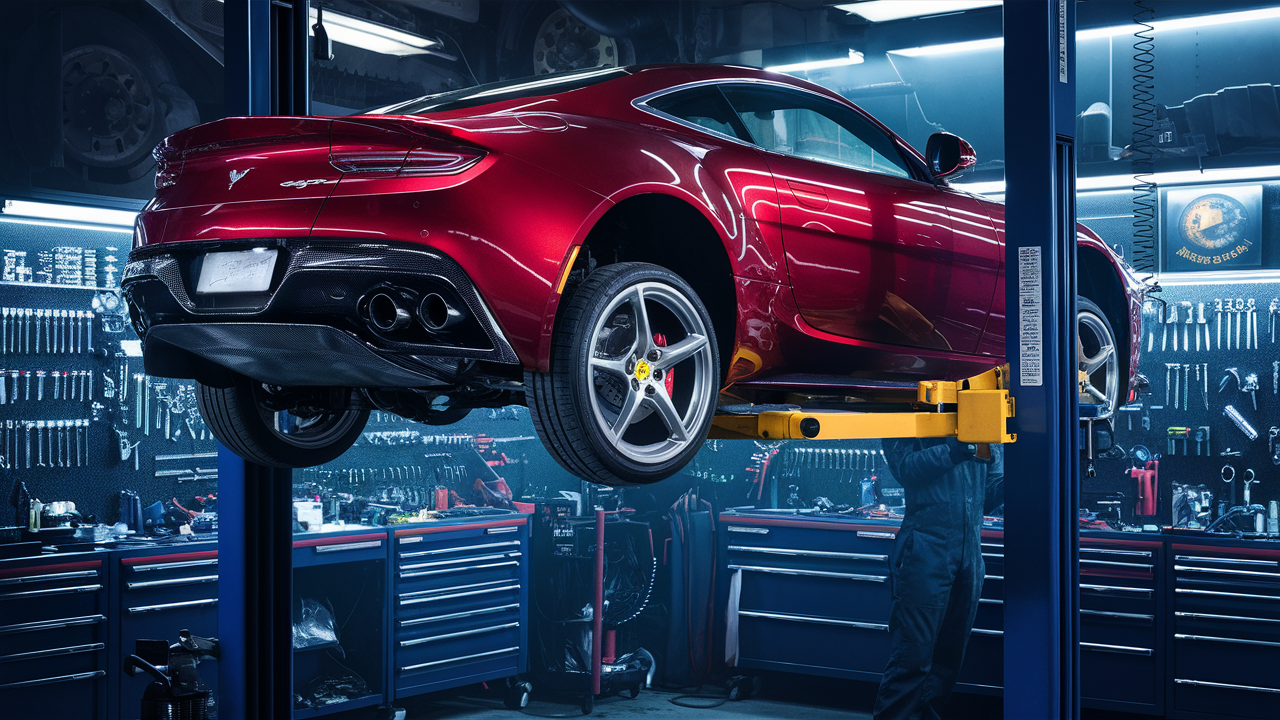 red car in a mechanic shop lifted to maximum height on a bendpak 2 post car lift.