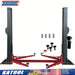 Katool KT-H120D 12,000 lbs 2 Post Lift Single Lock Release Vehicle Lift on a white background along with an inset of all accessory pieces including bolts and lifting adapters - Mechanic Super Store