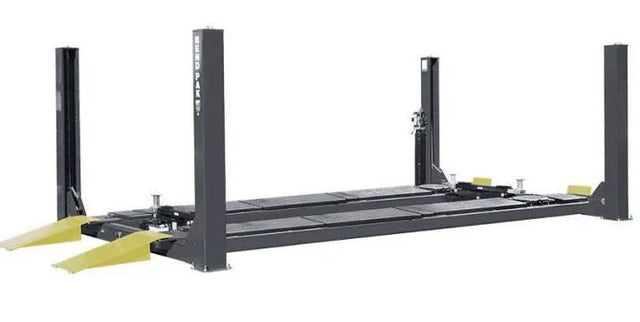 BendPak HDS-18EA 18,000 lb. 4 Post Car Lift on a white background shown in the lowest loading position - Mechanic Superstore