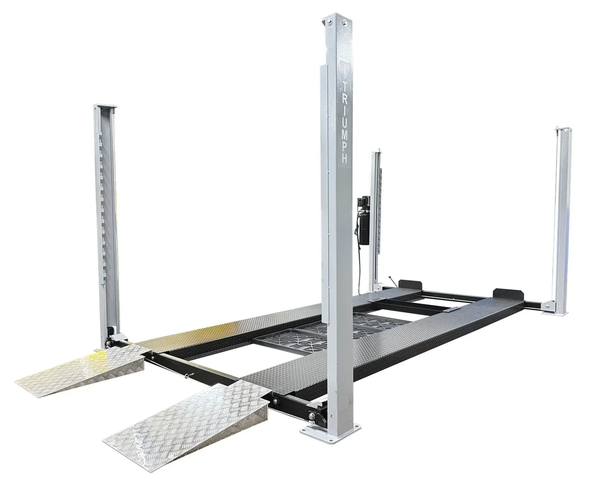 Triumph USA8000XLT 8,000 lb Service & Storage 4 Post Car Lift front 3/4 view in lower position with on-ramps extended - Mechanic Super Store
