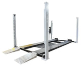 Triumph USA8000XLT 8,000 lb Service & Storage 4 Post Car Lift front 3/4 view in lower position with on-ramps extended - Mechanic Super Store